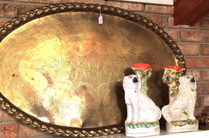 Stunning large oval tooled brass tray and a pair of Staffordshire style dog vases.