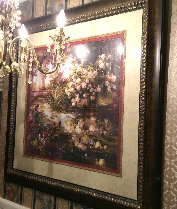 Lush floral triple mat wall art in faux burl gilt accented frame.