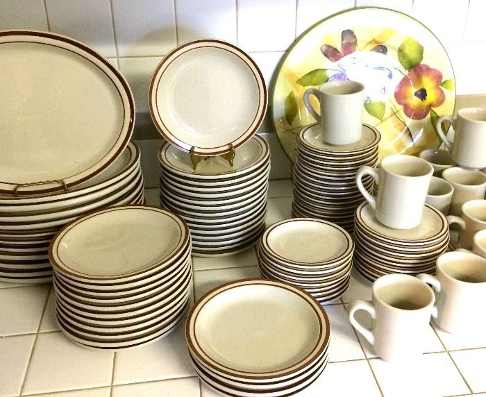 Heavy, sturdy commercial grade stoneware dinner plates, salad plates, saucers and mugs. Ceramic hand painted serving platter.