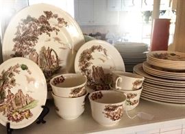 Royal Tudor Ware in the Olde Abbey pattern was made in Staffordshire England. Selection includes a mixed set of dinner plates, salad plates, saucers and tea cups.