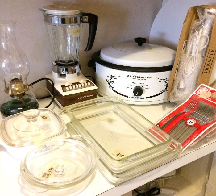 Commercial grade flatware sets, vintage oil lamp, vintage blender, beverage blender, vintage Pyrex USA