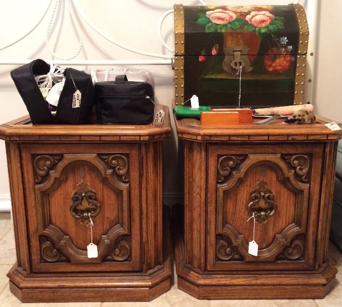 Pair of wood night stands with detailed doors. Decorative painted trunk. Vintage domino sets. Quick heat hot rollers for the hair. Traditional hot hair rollers.