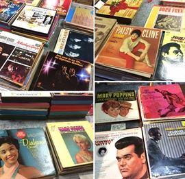 Vintage record albums from artists including The Beatles, Patsy Cline, Elvis Presley, Johnny Cash, Tammy Wynette, Johnny Rivers, Righteous Brothers, film soundtracks, compilations, box sets