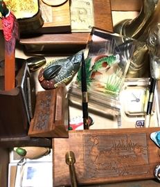 Duck and fishing themed desk accessories and decor.