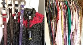 Rhinestone encrusted western belts for women by Nocona. New print shirt by Roughrider. Contemporary western shirt styles in sleeveless, short sleeve and long sleeve types in cool, easy care fabrics.
