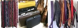 Ties for men in silk and polyester blends. Luggage, leather briefcases, bags and portfolios by brands such as American Tourister: some vintage. Leather western belts for women by Justin, Nocona, Fisher and others.