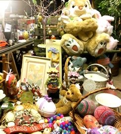 Easter decor, including bunny figurines, plush and egg themed objects.