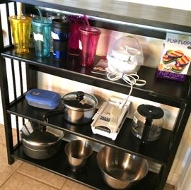 Insulated cups with lids, egg cooker, pots, stainless steel mixing bowls, coffee pot, mandoline slicer