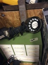 Lineman's telephone, metal files, drawer organizer