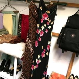 Curtain panels, scarves, long beaded sequined strap dress, animal print vest, backpack, shoes