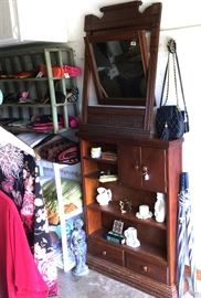 Tilt mirror hutch top, hutch with shelves, doors and drawers, umbrellas