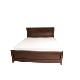King Size Fortune Furniture Bed Frame with Simmons Posturepedic Mystere Memory Foam Mattress: A king size Fortune Furniture bed frame with Simmons Posturepedic “Mystere” memory foam mattress. The wooden frame features rectangular head and foot boards with recessed paneling and short, outwardly curving feet. Piece has a brown finish. The mattress features a two-tone cream and tan foam body with brown rope trim.