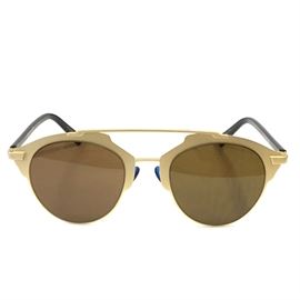 Dior "So Real" Sunglasses: A pair of Dior So Real sunglasses. The gold tone metal frame sunglasses feature a geometric design and colored nose pads. The frames are marked, “B1MY9 4822 140.” A fabric logo pouch and logo box are included.