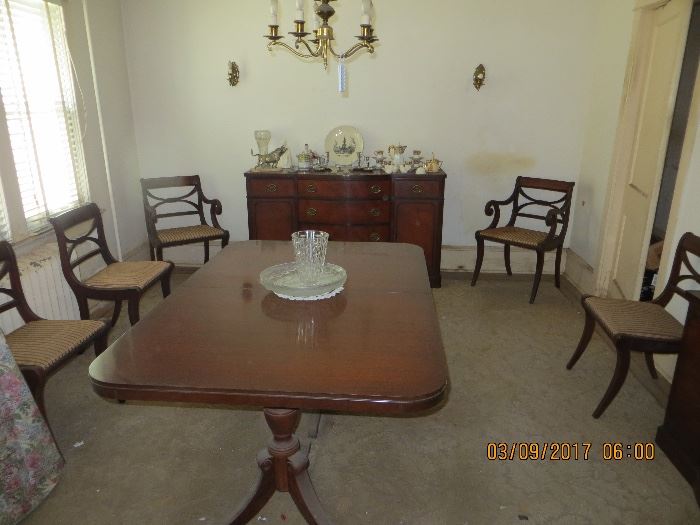 Drexel Dining room Mahogany suite consisting of extension dining table, buffet, six side chairs and bowl front china cabinet