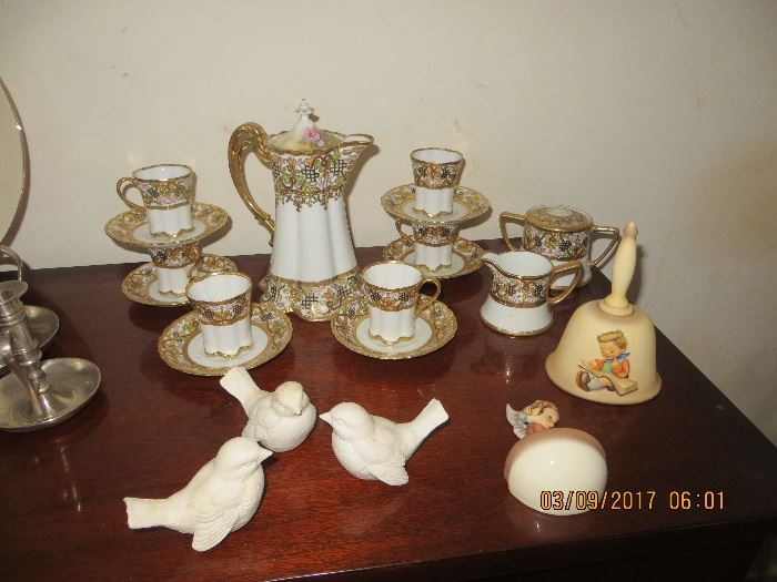 Vintage Chocolate set ( note the chocolate pot is missing the original top )  Plus hummel birds, bell and wall pocket