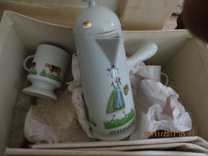 Designer coffee pot and two mugs