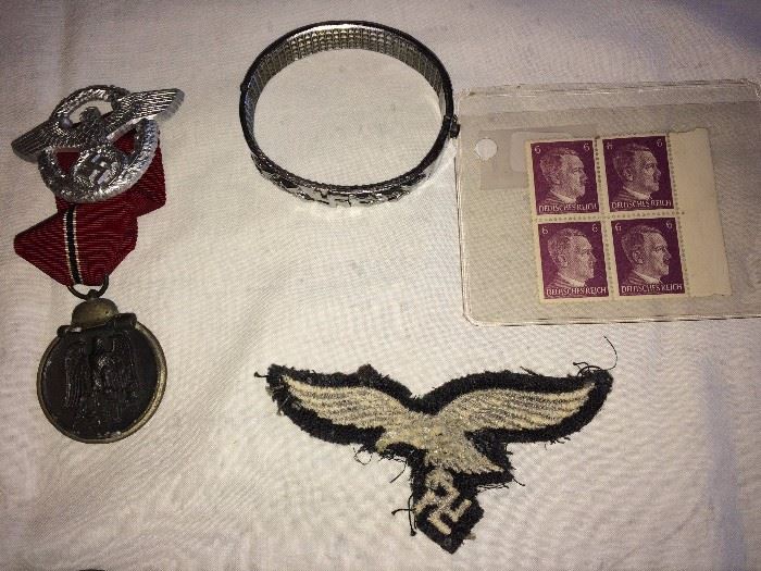 Nazi bracelet, Hitler stamps, Luftwaffe Eagle patch