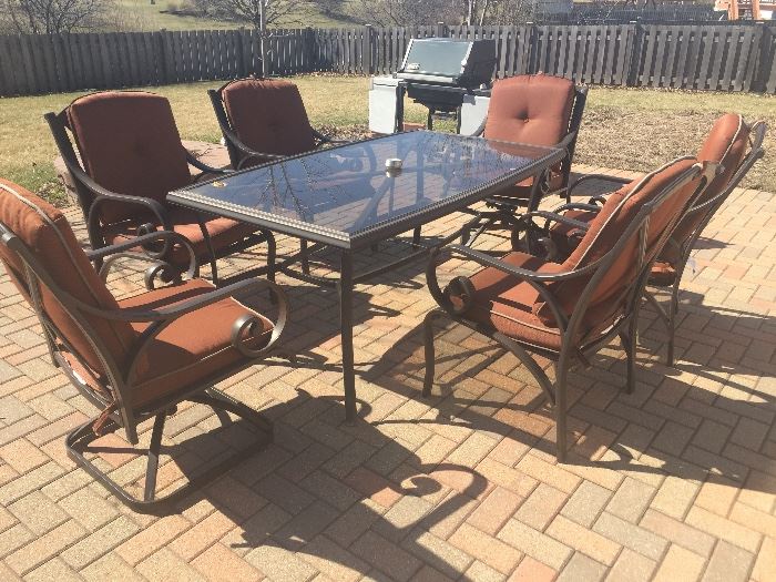 Sold---Patio set with glass top six chairs and cushions brand-new never used $300 buy it now PAYPAL