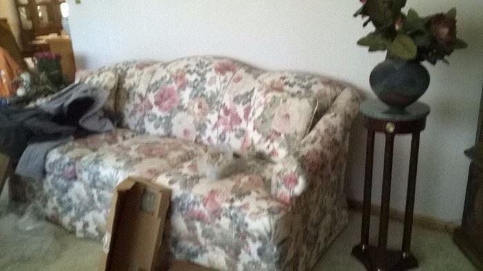 camel back couch floral great condition, marble plant stand