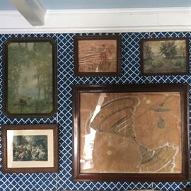 Ca. 1920s-40s wall art (mostly pastoral scenes with nice gilt frames), plus a funky piece of folk art by the homeowner (done in his youth, ca. 1930s-40s)