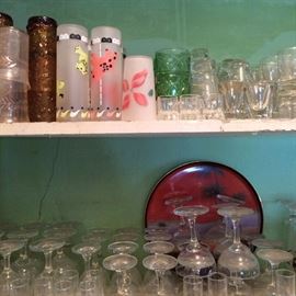 Lots of antique and vintage barware, glassware, some Depression glass...