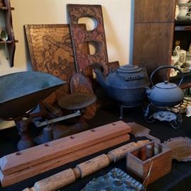 Early kitchen scale, big cast iron teapot & rest, interesting primitive and folk art bits