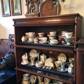 Nice vintage Barrister bookcase by Gunn (missing 1-2 knobs, but good shape otherwise) with collection of antique  mostly english bone china tea cups and servingware 