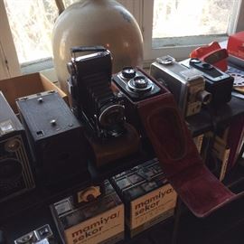 Brownie Target and other early box camera, ca. 1930s Agfa Ansco box camera with bellows and leather case, vintage darkroom equipment