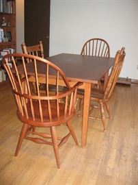 Oak table with 2 leaves included.  2 Windsor style chairs