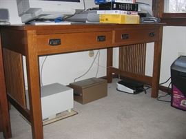 Stickley white oak library table with left drawer for computer keyboard and right drawer with mouse pad (1979)