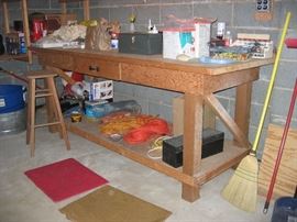 Work bench and hand tools, outdoor lawn tools, etc