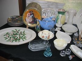 Norman Rockwell plates, holiday platter and desert plates, tea pots, vases, salts, compotes, etc.