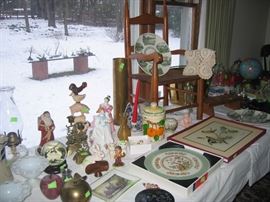 Child's chair (1930's), Hillsborough commemorative plates, Royal Doulton figurines, door stops, brass apple, milk glass, Pimpernel, candle holders, vintage globe, oil lamp, etc.