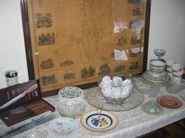 Knife set, meat carving set, punch bowl and 35 cups, Stangl desert plate w/handle, depression glass plates, other desert plates.