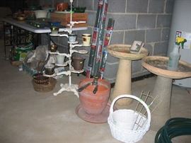 Wrought Iron plant stand, bird baths, hoses, decorative pots, etc.