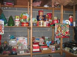 Holiday cards, wrapping papers, tins, ceramic trees and other decor