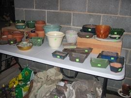 Bonsai pots glazed and unglazed, terracotta pots and planting medium.