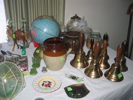 Brass hand bells/school bells, flower frogs, glass fishing net float, etc.