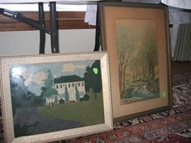 Needle point of house, pastel of stream in woods