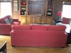Red living room sofa/couch, Loveseat and accent chair coffee and end tables