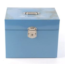Hamilton-Scotch Porta-File: A vintage Hamilton-Skotch Porta-File. This blue portable filing cabinet locks and has the key present. It was made by the Hamilton-Skotch corporation known for their mid-century tartan coolers.