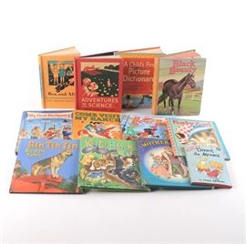 Vintage Children's Books Including "Black Beauty" and "Adventures in Science": An assortment of eleven vintage children’s books. This collection features Adventures in Science with Judy and Joe, a color illustrated book published in 1947 as the first volume in Allyn and Bacon’s Rainbow Series. Other books in this collection include Edith Reichman’s Katy Cat: A Bonnie Blinky Book, which features googly eyes on the main character; a Whitman Cozy Corner Book adaptation of Walt Disney’s Peter Pan; a Whitman Classic edition of Anna Sewell’s Black Beauty.