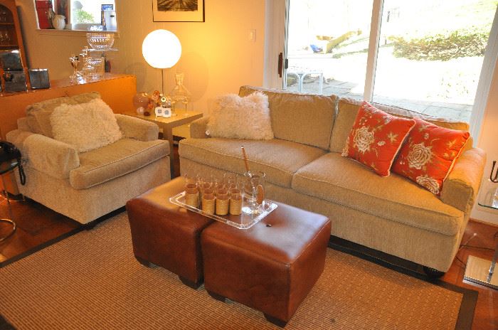 Soft beige crushed velvet upholstered 7ft. sofa by Expressions with matching side chair (36"w x 38"d) both in fantastic condition!