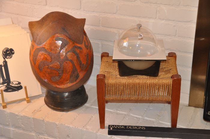 Large ceramic mid century modern sculpture with a great teak and rope woven stool
