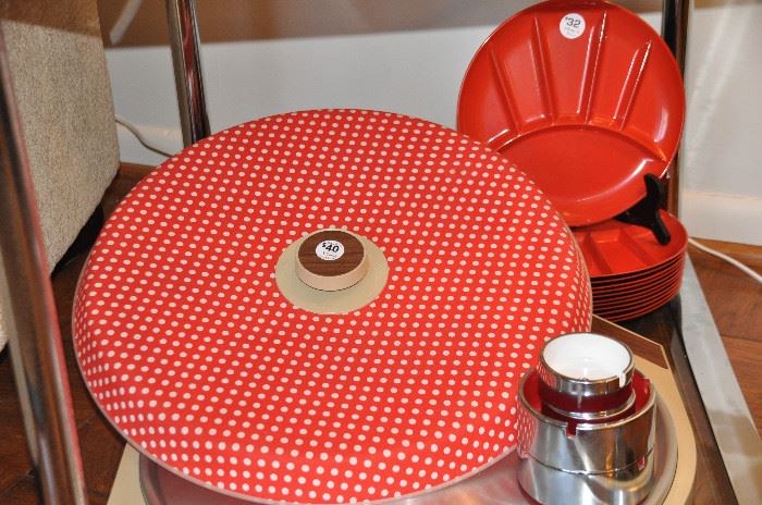 MCM red polka dots covered pizza holder with red fondue plates!
