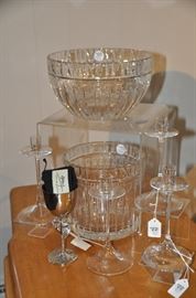 Tiffany Glass Bowl and Ice Bucket, never used! Also shown with vintage candlesticks and New Michael Aram Kiddish Cup