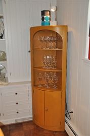 Haywood Wakefield corner cabinet (64"h x 16"d) with more Reidel wine glasses
