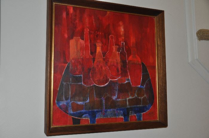 MCM framed abstract acrylic on board (19" sq) painting by Neal 