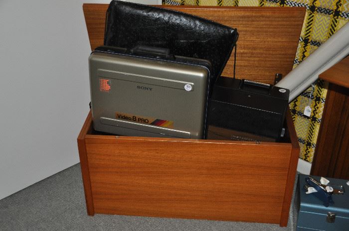 Made in Denmark teak chest, shown with Sony Video pro 8 camcorder, projector and screen
