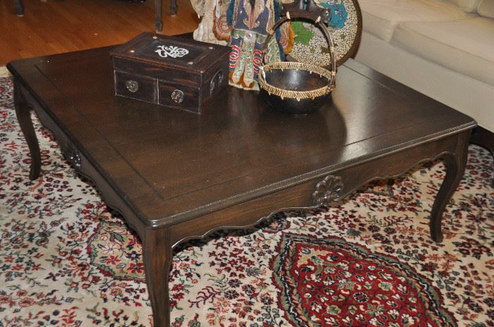 Vintage carved walnut coffee table with great scalloped detail (41" square)